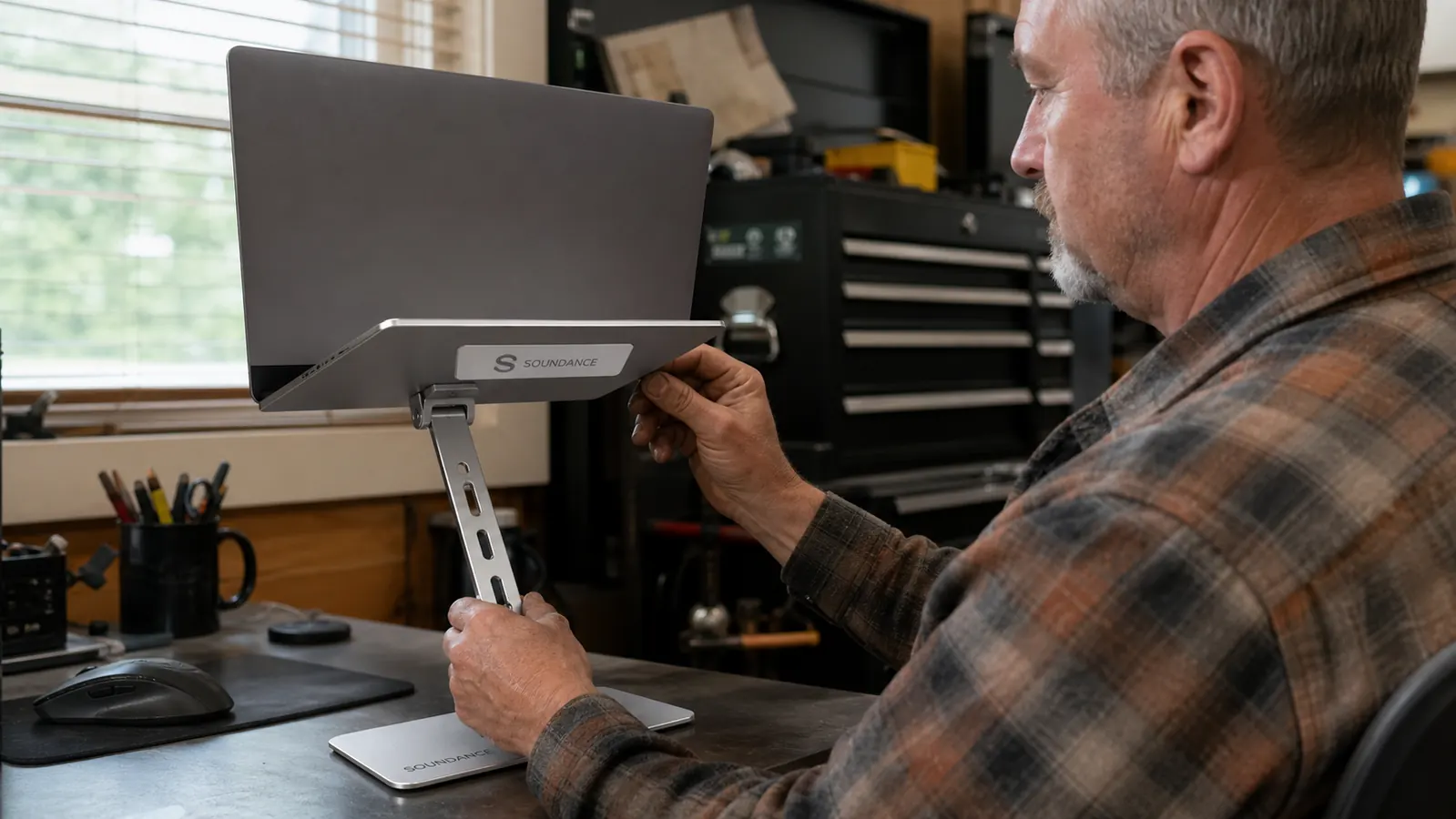 A hand clicking the height notches on a silver aluminum laptop stand as a laptop sits open on top with its screen near eye level