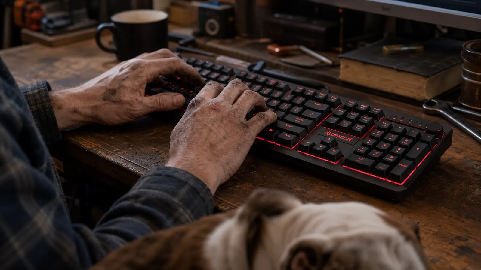 Close-up of weathered hands typing steadily on the Redragon K580 full-size mechanical keyboard on a workbench desk
