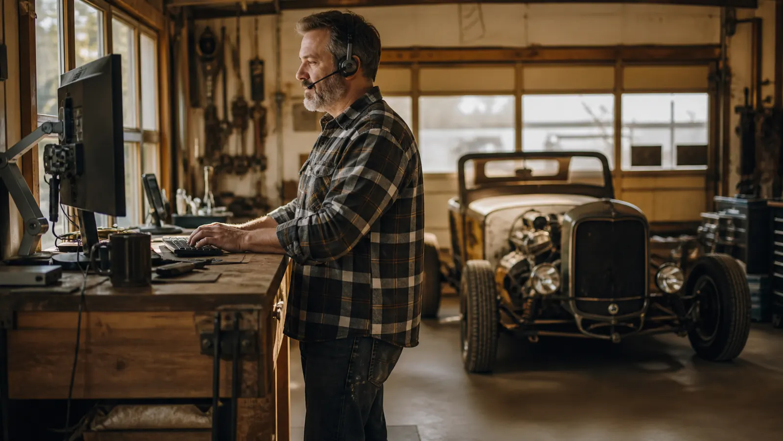 Walt standing at his raised desk beside a hot rod project in the garage, talking on a headset during a video call