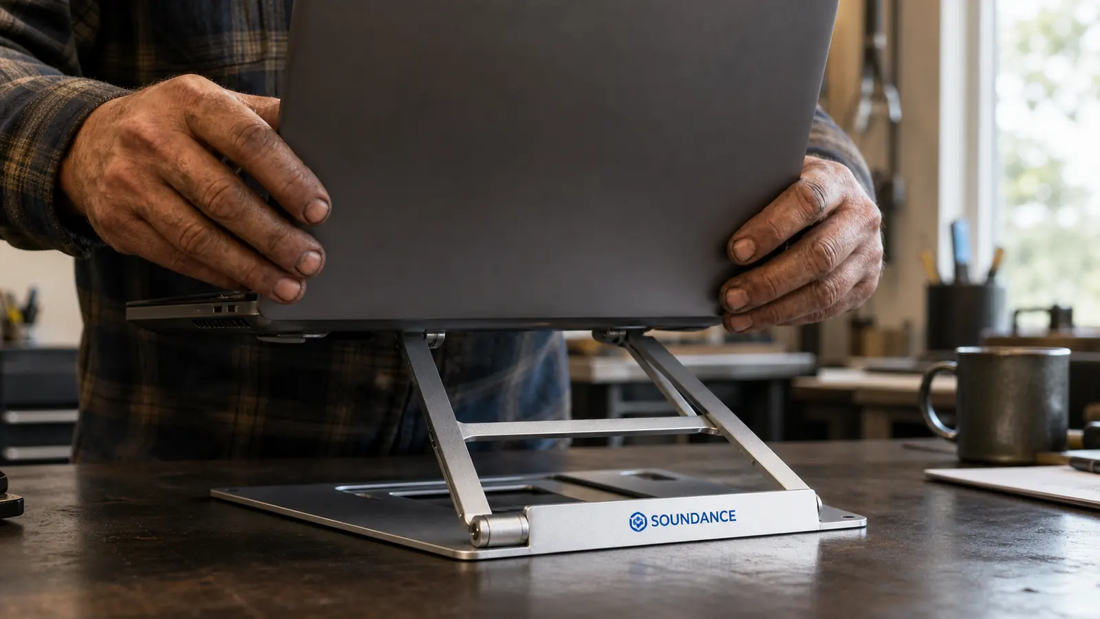 Two work-worn hands setting a laptop down onto a SOUNDANCE aluminum laptop stand on a desk