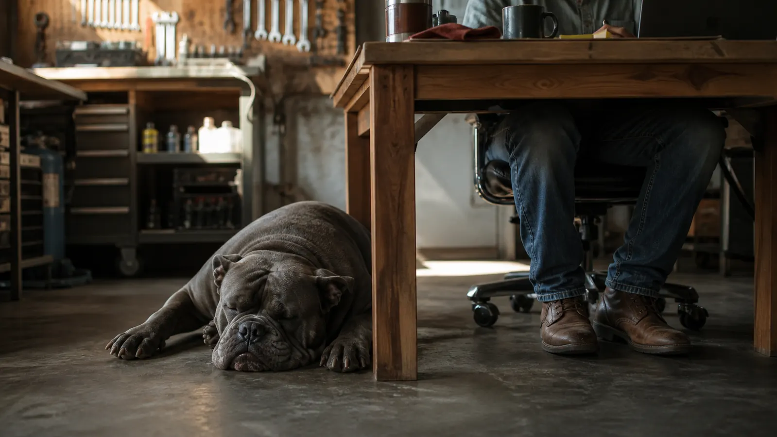 A heavy-set bulldog named Dozer sleeping on the concrete floor beside a desk chair while a man types
