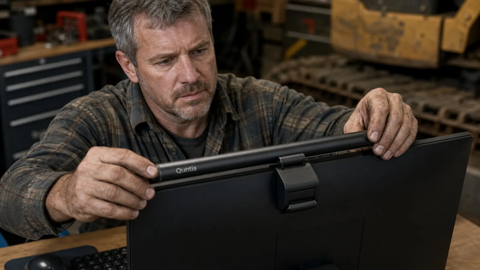 A hand seating a monitor light bar onto the top edge of a computer screen, with the counterweight clamp in grip