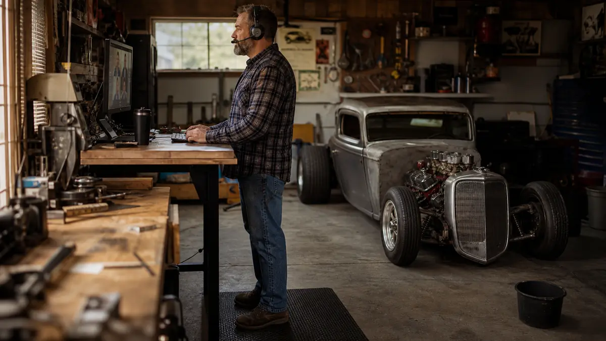 Walt standing at his raised desk on the mat beside a half-finished hot rod project in the garage, taking a video call on a headset