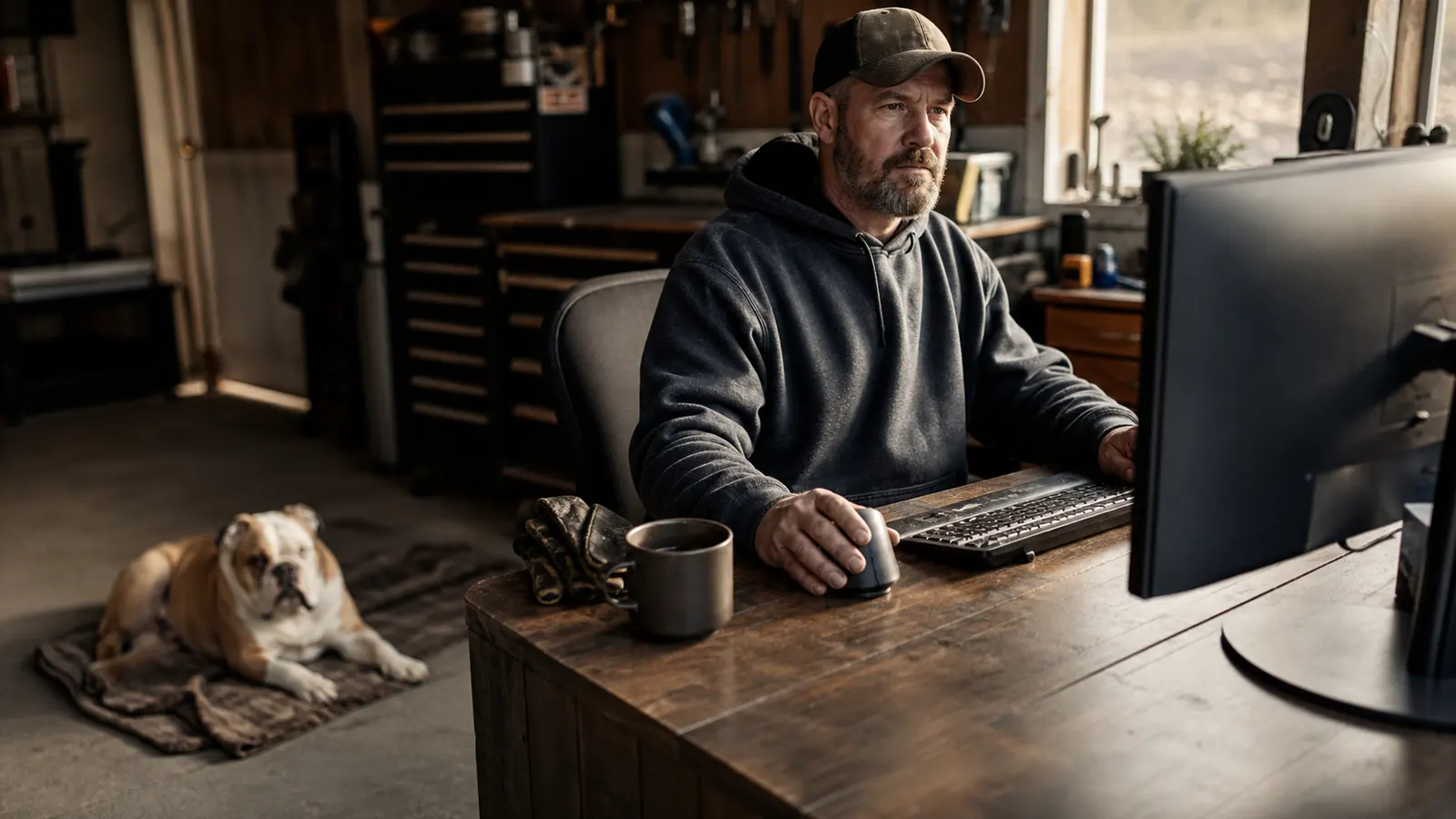 A man with grease-stained hands using the vertical mouse at his desk while a bulldog watches from a blanket on the concrete floor