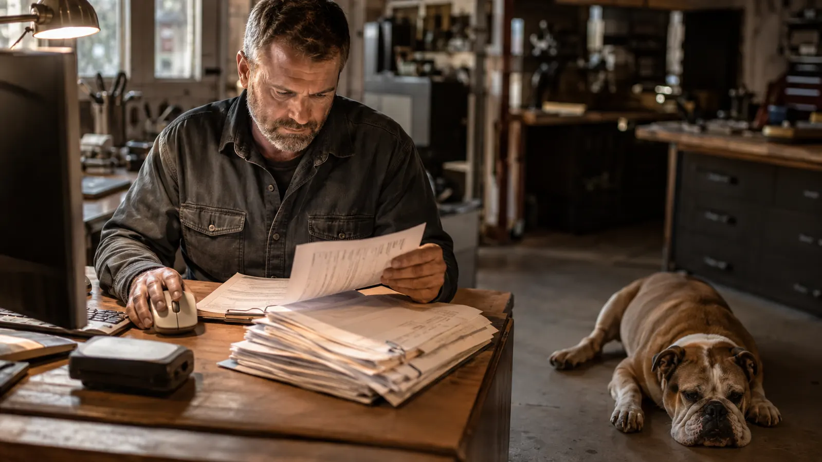 A man at a desk reviewing a thick folder of paper parts orders with a vertical mouse at his right hand and a bulldog lying nearby