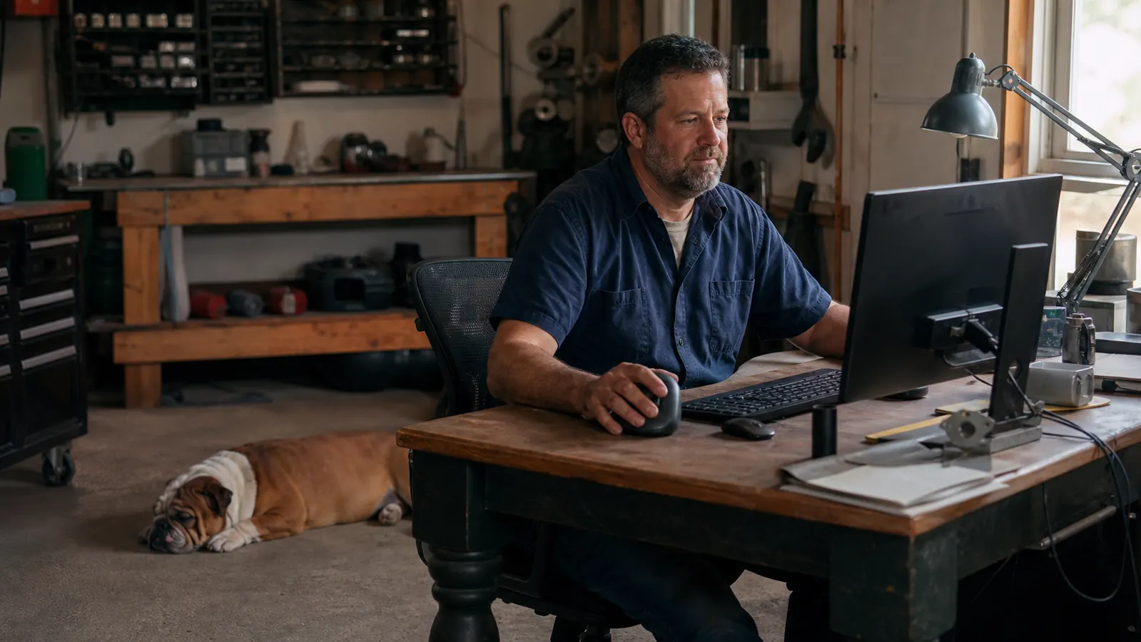 A man in his late 40s in a flannel shirt working at a computer at a desk in a garage office while a bulldog lies on the floor nearby.