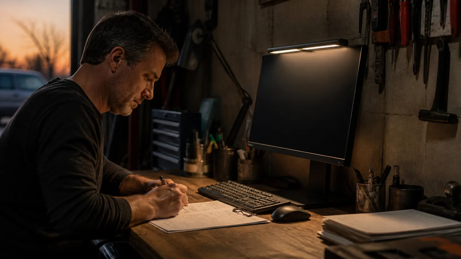 A tidy desk at dusk lit by a narrow bar of light falling from the monitor onto the keyboard and papers, with the screen staying dark and readable.