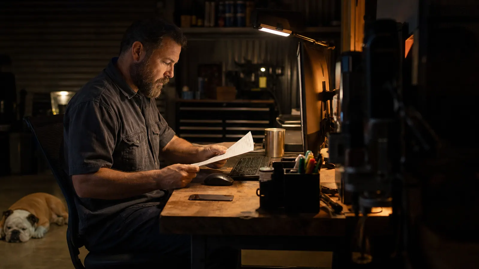 A man in a garage office working on paperwork at a desk under a monitor light bar while a bulldog naps on the floor