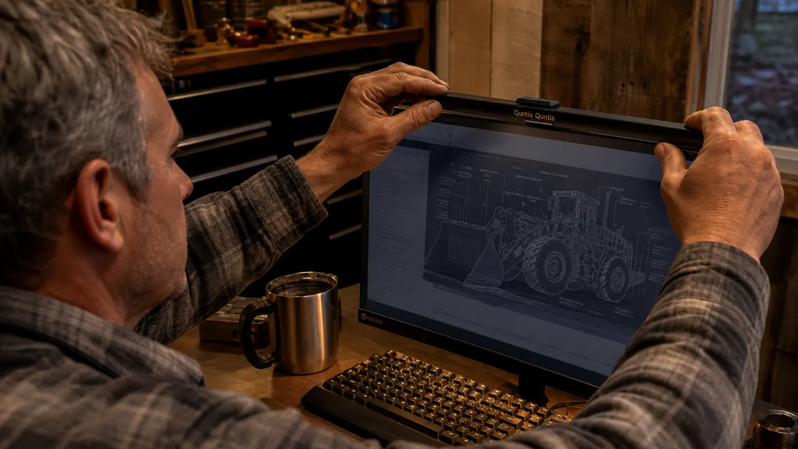 A hand gently adjusting a curved monitor light bar balanced on top of a screen over a desk with a keyboard and a coffee mug