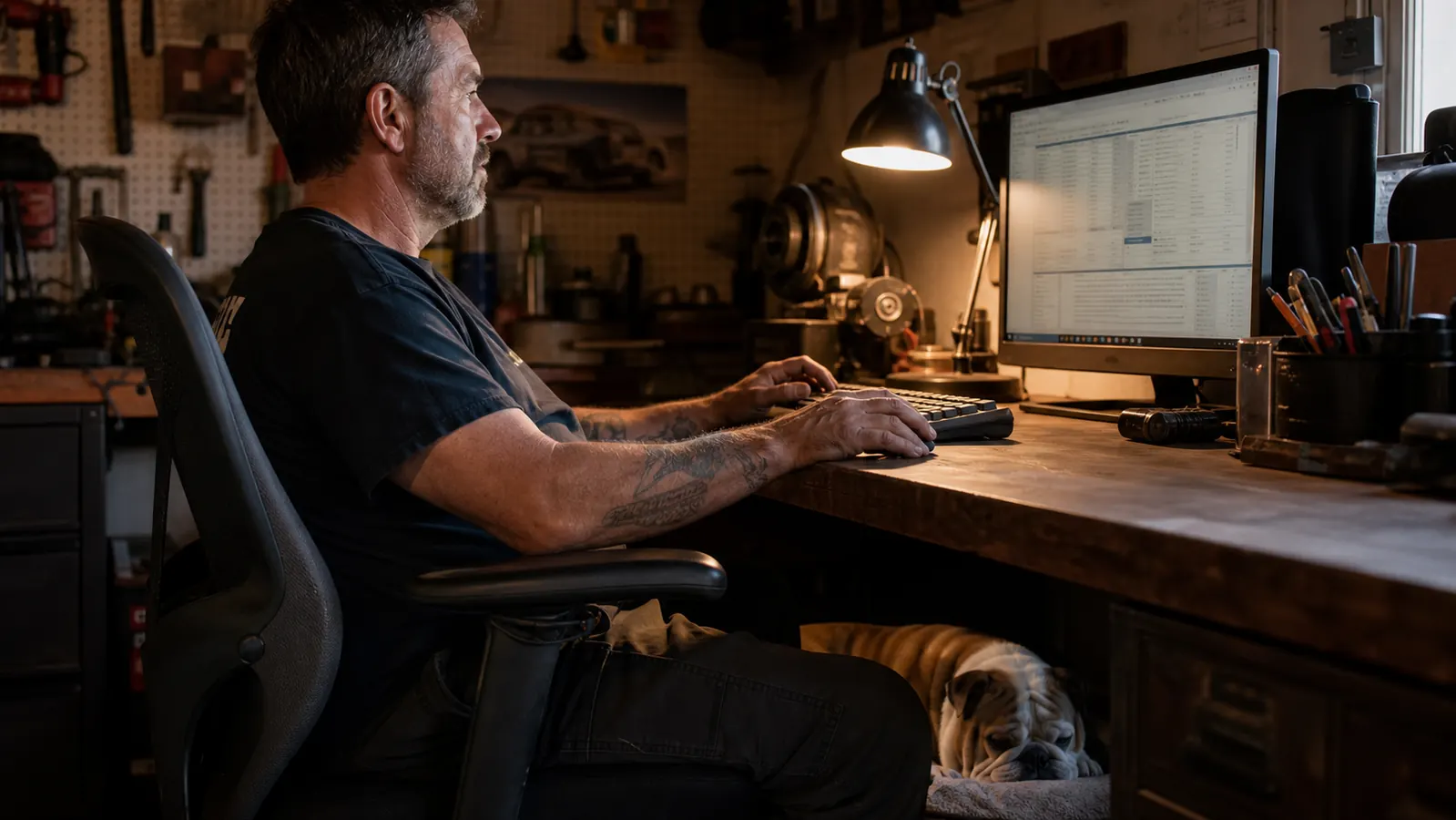 Side view of Walt typing on the Redragon K580 while a parts quote shows on the monitor, bulldog resting at his feet