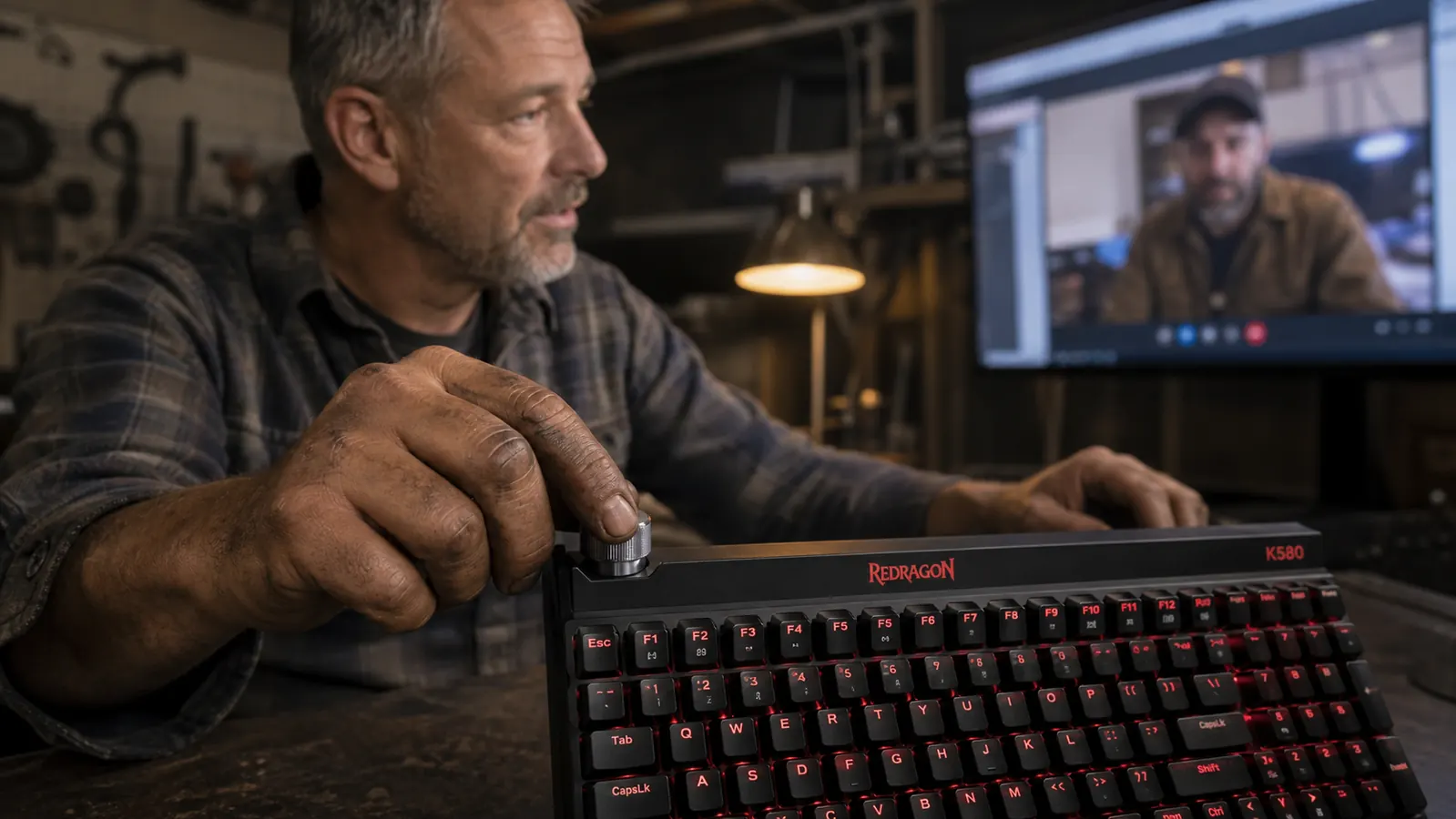 A hand rolling the metal volume wheel at the top edge of the Redragon K580 keyboard while a monitor shows a video call