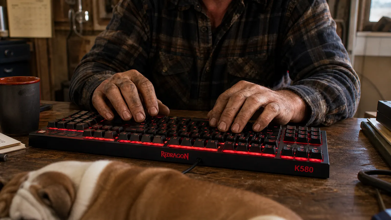 Close-up of weathered hands typing steadily on the Redragon K580 keyboard at a workbench desk