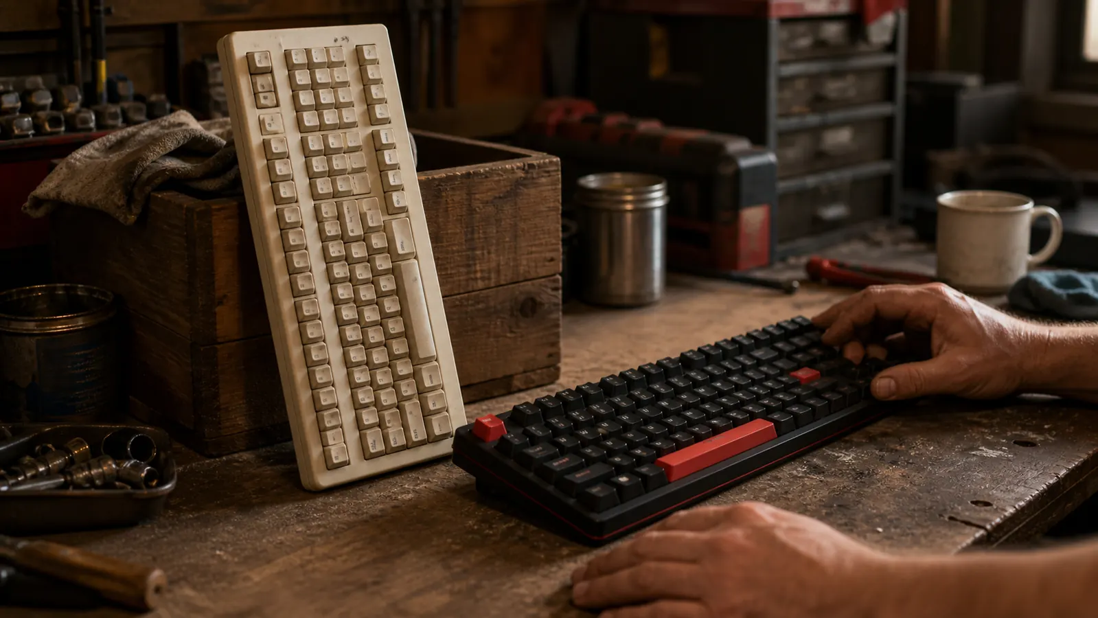 The old beige rubber dome keyboard leaning against a crate beside the heavier mechanical keyboard on the workbench