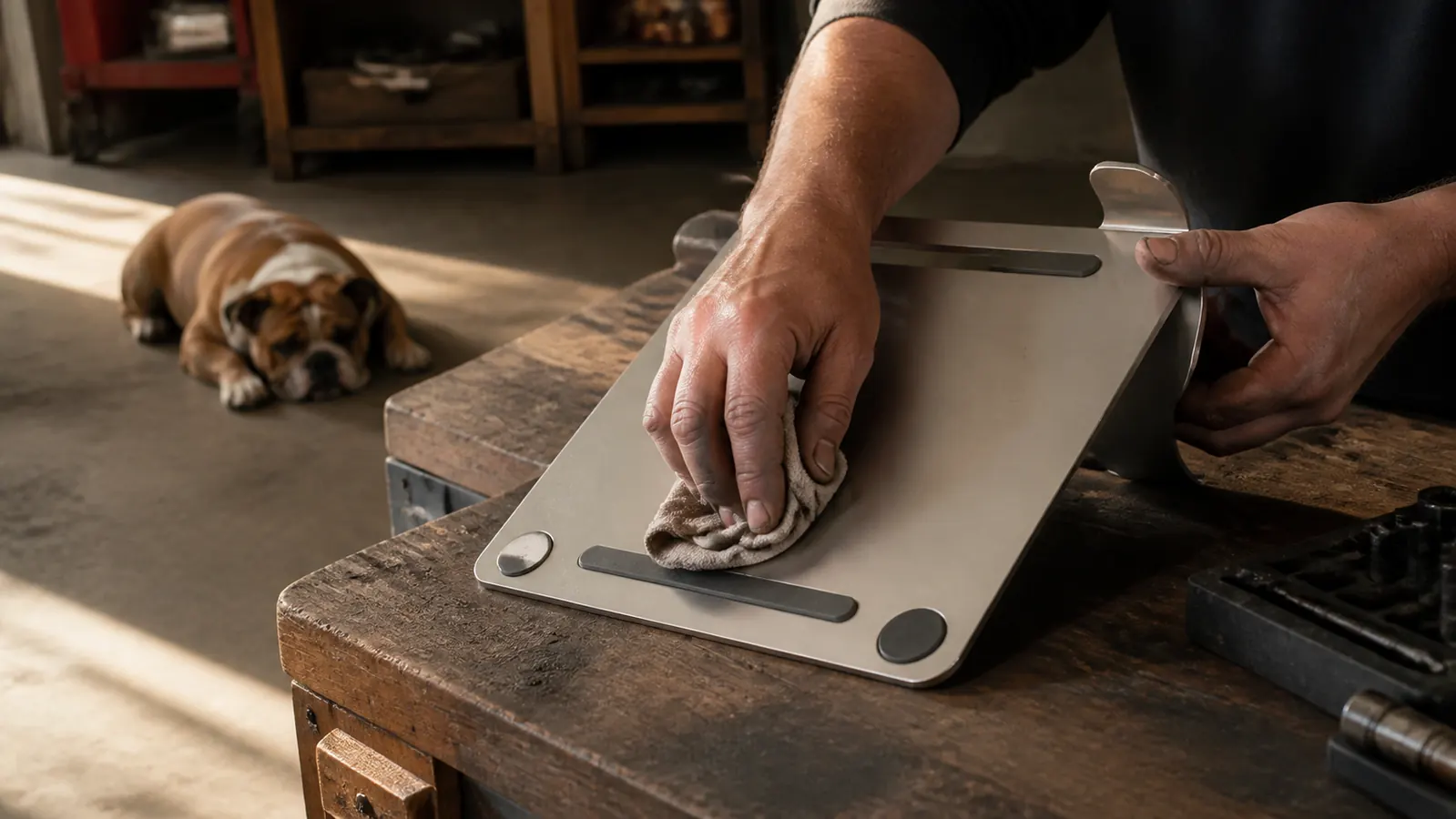 A close-up of a hand wiping the small rubber pads on the underside of an aluminum laptop stand on a wooden desk, with a bulldog half-asleep on the concrete floor in the background.
