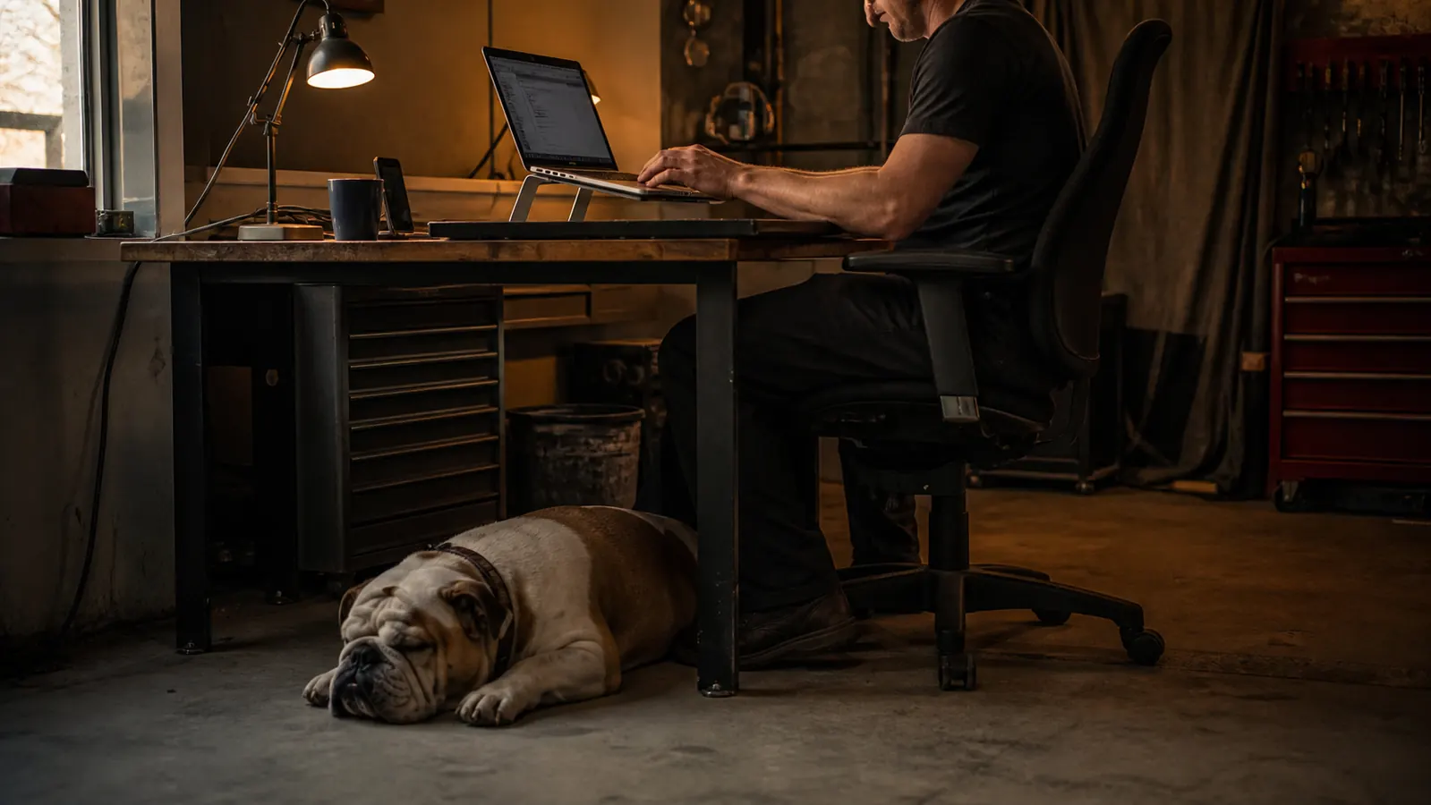 A bulldog asleep on a concrete garage floor beside the leg of a desk while a laptop on an aluminum stand glows on the desk above